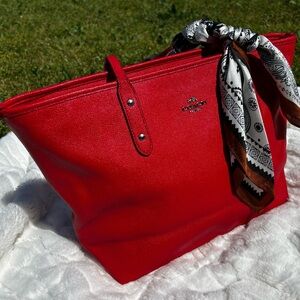 Coach Red Leather Tote with Patterned Scarf Accent